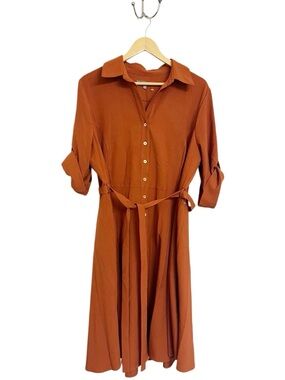 Sharagano Button-Front Shirt Midi Dress in Rust Orange